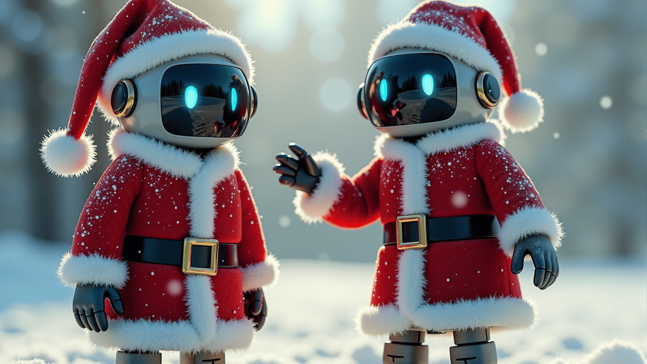 Zwei Roboter im Weihnachtsmannkostüm in einer Winterlandschaft. (KI generiert mit Flux1)